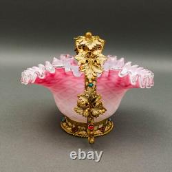 Antique Victorian Pink Cased Ornate Adorned Leaves Art Glass Brides Basket Bowl Antique Victorian Pink Cased Ornate Adorned Leaves Art Glass Brides Basket Bowl