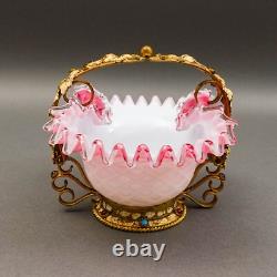 Antique Victorian Pink Cased Ornate Adorned Leaves Art Glass Brides Basket Bowl Antique Victorian Pink Cased Ornate Adorned Leaves Art Glass Brides Basket Bowl