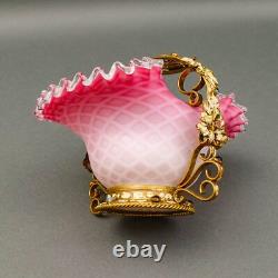Antique Victorian Pink Cased Ornate Adorned Leaves Art Glass Brides Basket Bowl Antique Victorian Pink Cased Ornate Adorned Leaves Art Glass Brides Basket Bowl