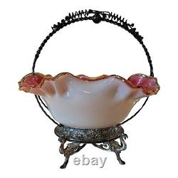 Antique Victorian Pink Cranberry Glass Overlay Wedding Bride's Basket