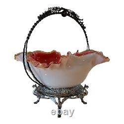 Antique Victorian Pink Cranberry Glass Overlay Wedding Bride's Basket