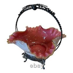 Antique Victorian Pink Cranberry Glass Overlay Wedding Bride's Basket