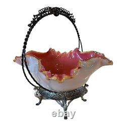 Antique Victorian Pink Cranberry Glass Overlay Wedding Bride's Basket