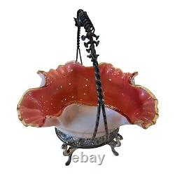 Antique Victorian Pink Cranberry Glass Overlay Wedding Bride's Basket