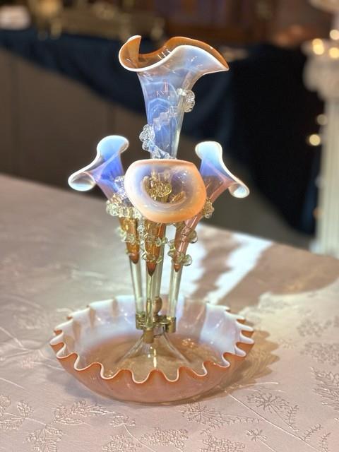 Antique Victorian Pink Opalescent Art Glass Epergne