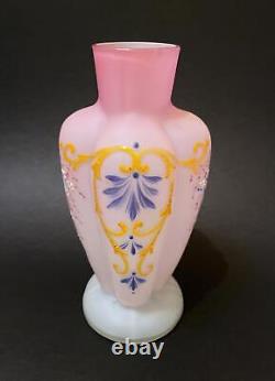 Antique Victorian Pink Satin Glass Cased Vase Hand Painted Enamel Decoration