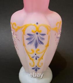 Antique Victorian Pink Satin Glass Cased Vase Hand Painted Enamel Decoration