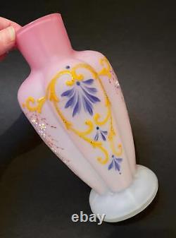 Antique Victorian Pink Satin Glass Cased Vase Hand Painted Enamel Decoration