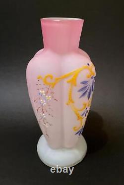 Antique Victorian Pink Satin Glass Cased Vase Hand Painted Enamel Decoration