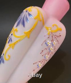 Antique Victorian Pink Satin Glass Cased Vase Hand Painted Enamel Decoration