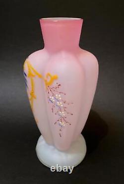 Antique Victorian Pink Satin Glass Cased Vase Hand Painted Enamel Decoration
