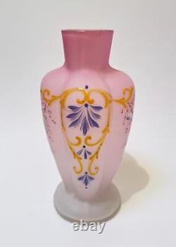 Antique Victorian Pink Satin Glass Cased Vase Hand Painted Enamel Decoration