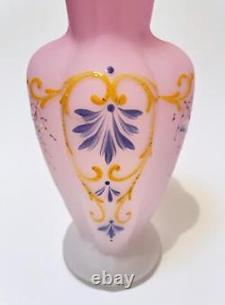 Antique Victorian Pink Satin Glass Cased Vase Hand Painted Enamel Decoration