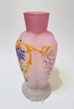 Antique Victorian Pink Satin Glass Cased Vase Hand Painted Enamel Decoration