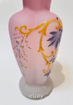 Antique Victorian Pink Satin Glass Cased Vase Hand Painted Enamel Decoration