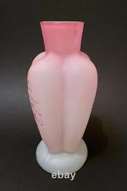 Antique Victorian Pink Satin Glass Cased Vase Hand Painted Enamel Decoration