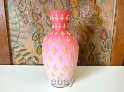 Antique Victorian Pink Satin Sommerso Glass Vase with Gold Coralene Fleur De Lis