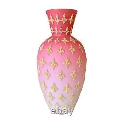 Antique Victorian Pink Satin Sommerso Glass Vase with Gold Coralene Fleur De Lis