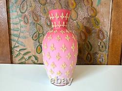 Antique Victorian Pink Satin Sommerso Glass Vase with Gold Coralene Fleur De Lis