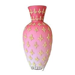 Antique Victorian Pink Satin Sommerso Glass Vase with Gold Coralene Fleur De Lis