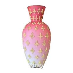 Antique Victorian Pink Satin Sommerso Glass Vase with Gold Coralene Fleur De Lis