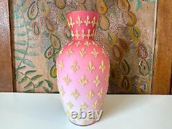 Antique Victorian Pink Satin Sommerso Glass Vase with Gold Coralene Fleur De Lis