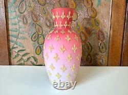 Antique Victorian Pink Satin Sommerso Glass Vase with Gold Coralene Fleur De Lis