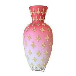 Antique Victorian Pink Satin Sommerso Glass Vase with Gold Coralene Fleur De Lis