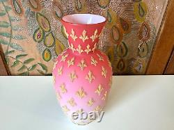 Antique Victorian Pink Satin Sommerso Glass Vase with Gold Coralene Fleur De Lis