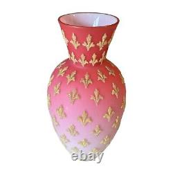 Antique Victorian Pink Satin Sommerso Glass Vase with Gold Coralene Fleur De Lis