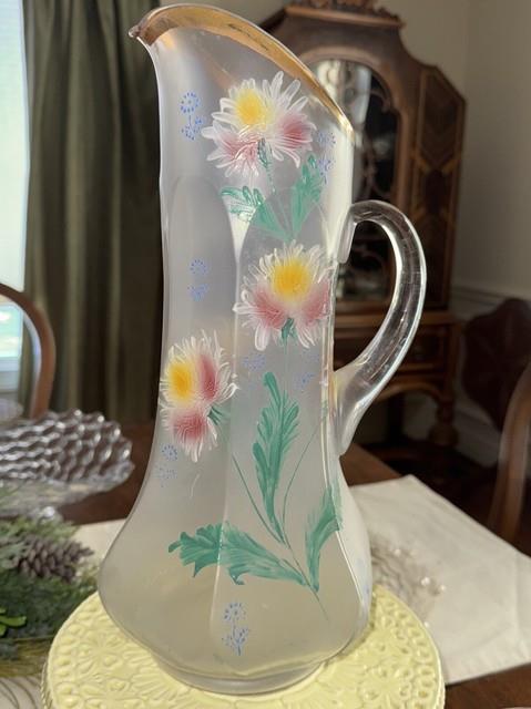 Antique Victorian Pitcher Hand Blown Art Glass 4 Glasses