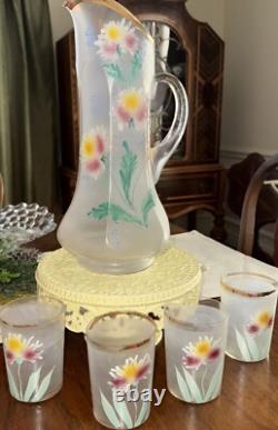 Antique Victorian Pitcher Hand Blown Art Glass 4 Glasses Antique Victorian Pitcher Hand Blown Art Glass 4 Glasses