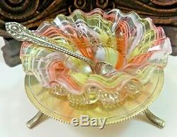 Antique Victorian RAINBOW Art Glass Master Salt w Silver Plated Holder & Spoon