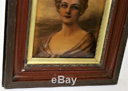 Antique Victorian Reverse Painting On Glass Lady Portrait in Wooden Frame 16 H