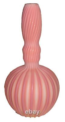 Antique Victorian Ribbed Velvet Cut Pink Rose Satin Art Glass Bud Vase 8 3/4