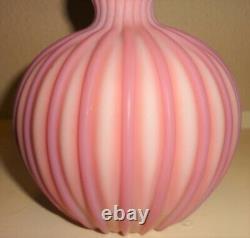 Antique Victorian Ribbed Velvet Cut Pink Rose Satin Art Glass Bud Vase 8 3/4