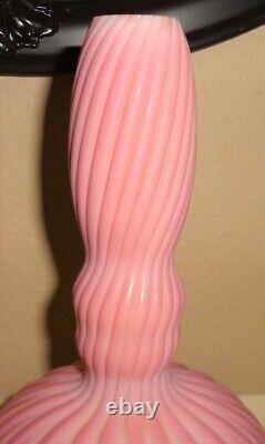 Antique Victorian Ribbed Velvet Cut Pink Rose Satin Art Glass Bud Vase 8 3/4