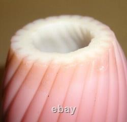 Antique Victorian Ribbed Velvet Cut Pink Rose Satin Art Glass Bud Vase 8 3/4