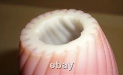 Antique Victorian Ribbed Velvet Cut Pink Rose Satin Art Glass Bud Vase 8 3/4