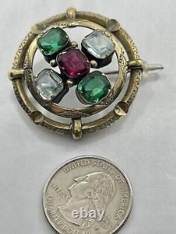 Antique Victorian Rolled Gold Multicolor & Shapes Art Glass Elongated Pin Brooch