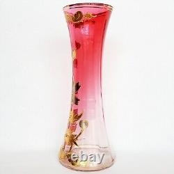 Antique Victorian Rubina Glass Vase withHand Enameled Gilt Florals 10.25