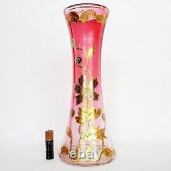 Antique Victorian Rubina Glass Vase withHand Enameled Gilt Florals 10.25