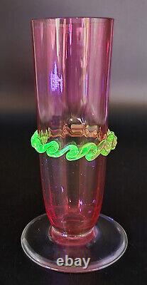 Antique Victorian Rubina Verde Cranberry With Vaseline Rigaree Art Vase 1880 Uk