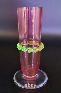 Antique Victorian Rubina Verde Cranberry With Vaseline Rigaree Art Vase 1880 Uk