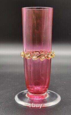 Antique Victorian Rubina Verde Cranberry With Vaseline Rigaree Art Vase 1880 Uk