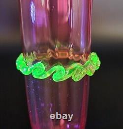 Antique Victorian Rubina Verde Cranberry With Vaseline Rigaree Art Vase 1880 Uk