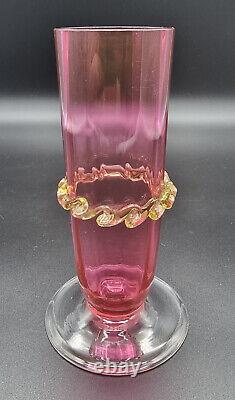 Antique Victorian Rubina Verde Cranberry With Vaseline Rigaree Art Vase 1880 Uk