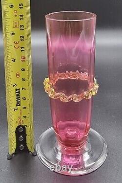 Antique Victorian Rubina Verde Cranberry With Vaseline Rigaree Art Vase 1880 Uk