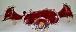 Antique Victorian Ruby Red Gold Infused Rigaree Blown Glass 3pc Horns & Bowl Set