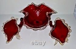 Antique Victorian Ruby Red Gold Infused Rigaree Blown Glass 3pc Horns & Bowl Set